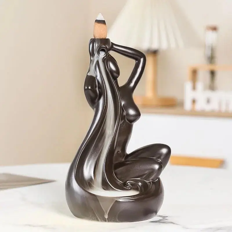Creative Ceramic Backflow Incense Burner, Elegant Female Figure Design Incense Holder, Home Decoration Ornament for Living Room Bedroom Office, Scent