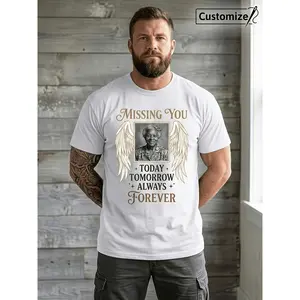 Custom Personalized Memorial Photo T-Shirt for Men And Women Featuring Angel Wings Print Text. This Black Crewneck Short Sleeve Casual Top Is a Meaningful Remembrance Gift to Honor Loved Ones, Ideal F