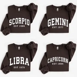 (DM To Shop) Custom Year, Custom Zodiac Sweatshirt – Dark Chocolate Color, Est Your Year Astrology Pullover, Cute Horoscope Energy Gift, Unisex Crewneck Sweatshirt, Birthday Zodiac Sign Outfit
