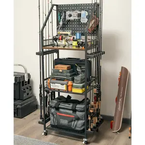 Fishing Rod Holders for Garage, Fishing Pole holders, Fishing Gear Storage up to 12 Rods with Hooks and Wheels, Fishing Cart For Fishing Rod Tackle Box Reel Storage