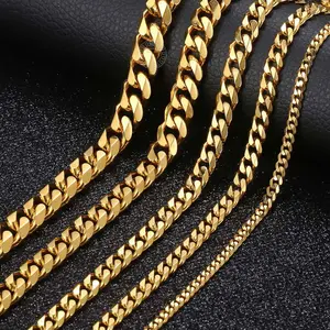 Gold Plated Stainless Steel Cuban Curb Chain Necklace 3/5/7/9/11mm 18-30 inches, Fashion Link Jewelry for Womens Mens Christmas Gift
