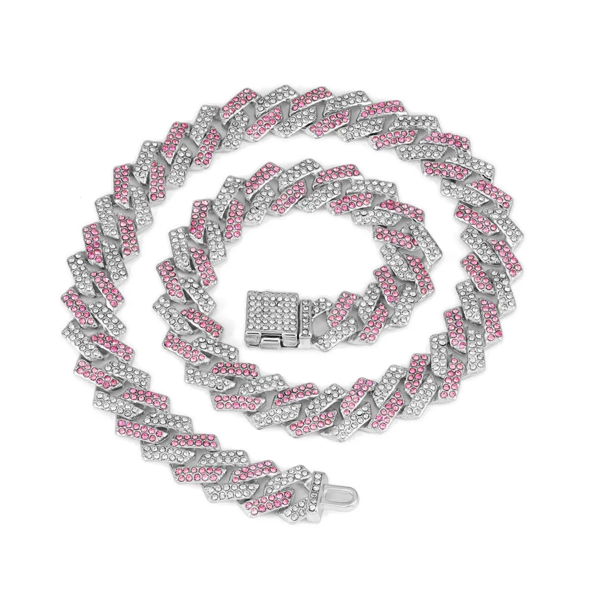 Cuban Link Chain Necklace, Unisex Flip 2-Tone Hip Hop Jewelry with Pink & Blue Cubic Zirconia for Party Wear & Streetwear Outfits, Flip Two Tone