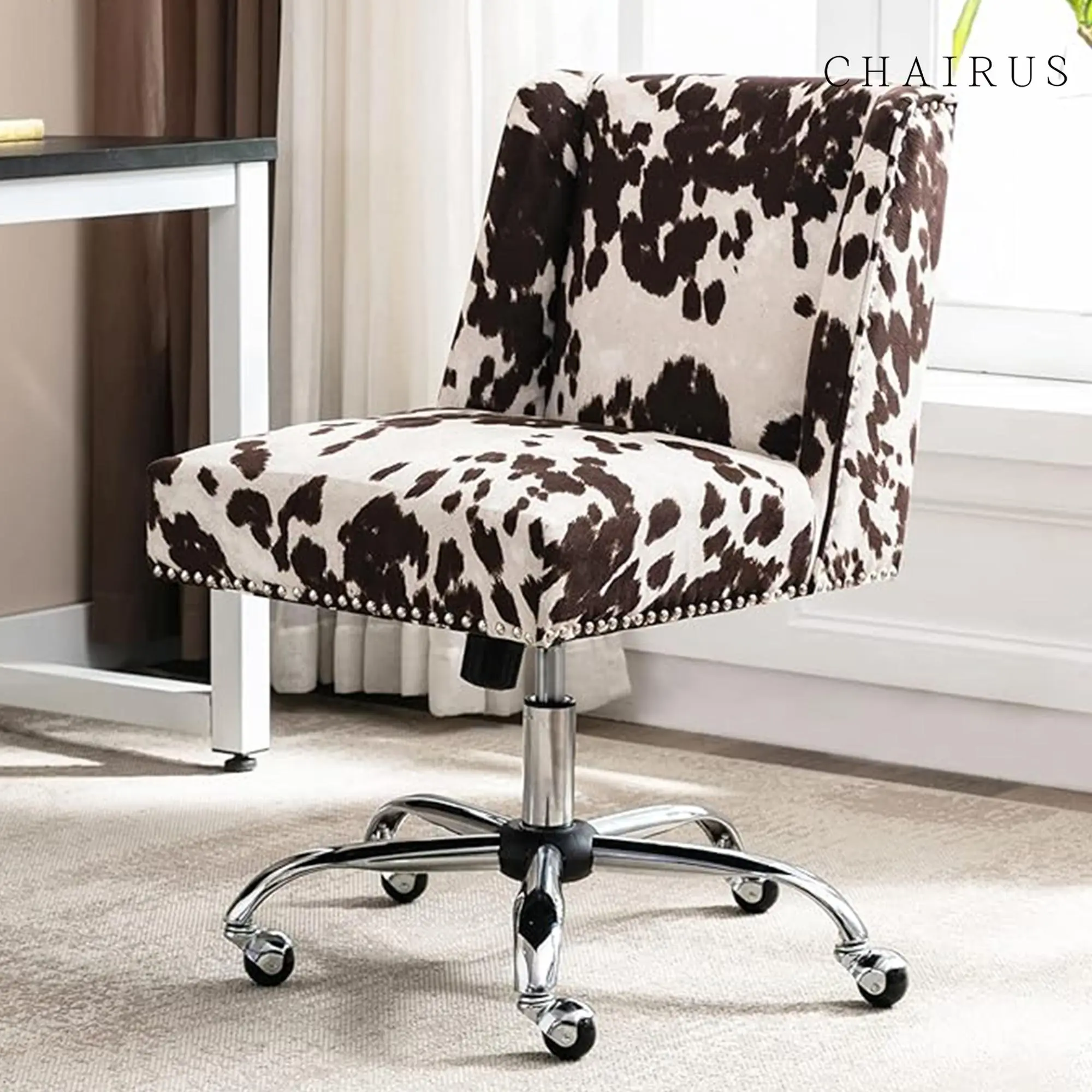 CHAIRUS  Criss Cross Chair with Wheels,Armless Swivel Home Modern Home Office Desk Chair,Swivel Adjustable Vanity Chair,Cow Print Computer Desk Chair,Armless Upholstered Accent Chair for Living Room Bedroom, Cowhide sohochic