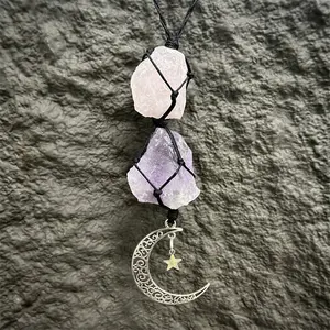 Boho Crystal Hanging home decal - Purple Rear View Mirror Hanging home decal, Moon Decor Hanging Ornament, Witchy Gifts and Healing Stones - Rose Quartz & Amethyst