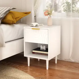 Bedside Table 22.83'' H Modern White Nightstand with One Drawer and Open Shelf, Gold - Accented Handle, Ideal for Bedroom Decor