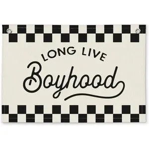 Black and White Checkered Boys Room Decor Linen Banner Wall Hanging Canvas Flag for Toddler Boy Bedroom Nursery Playroom