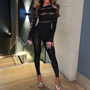 Large Size Women's Long Sleeve Jumpsuit with Diamond Design, Solid Color, Comfortable Fit, Minimalist Style, Ideal for Festivals and Parties Elegant Casual