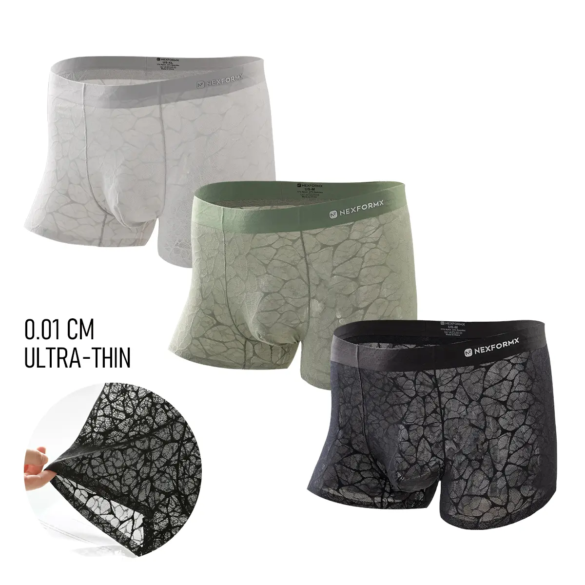 NEXFORMX Men's Premium Lace Mesh Boxer Trunks 3 Pack Lightweight Scented Summer Underwear with Essential Oil for Stylish Cooling Comfort