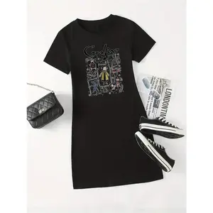 Elegant Women'S CORALINE Series Printed T-Shirt Dress in Solid Color, Casual Round Neck Short Sleeve Dress, Suitable for Spring And Summer, Made of Stretchy Knitted Polyester Fiber, Loose Fit, Machine Washable, Perfect for Relaxed Spring And Summer Wear,