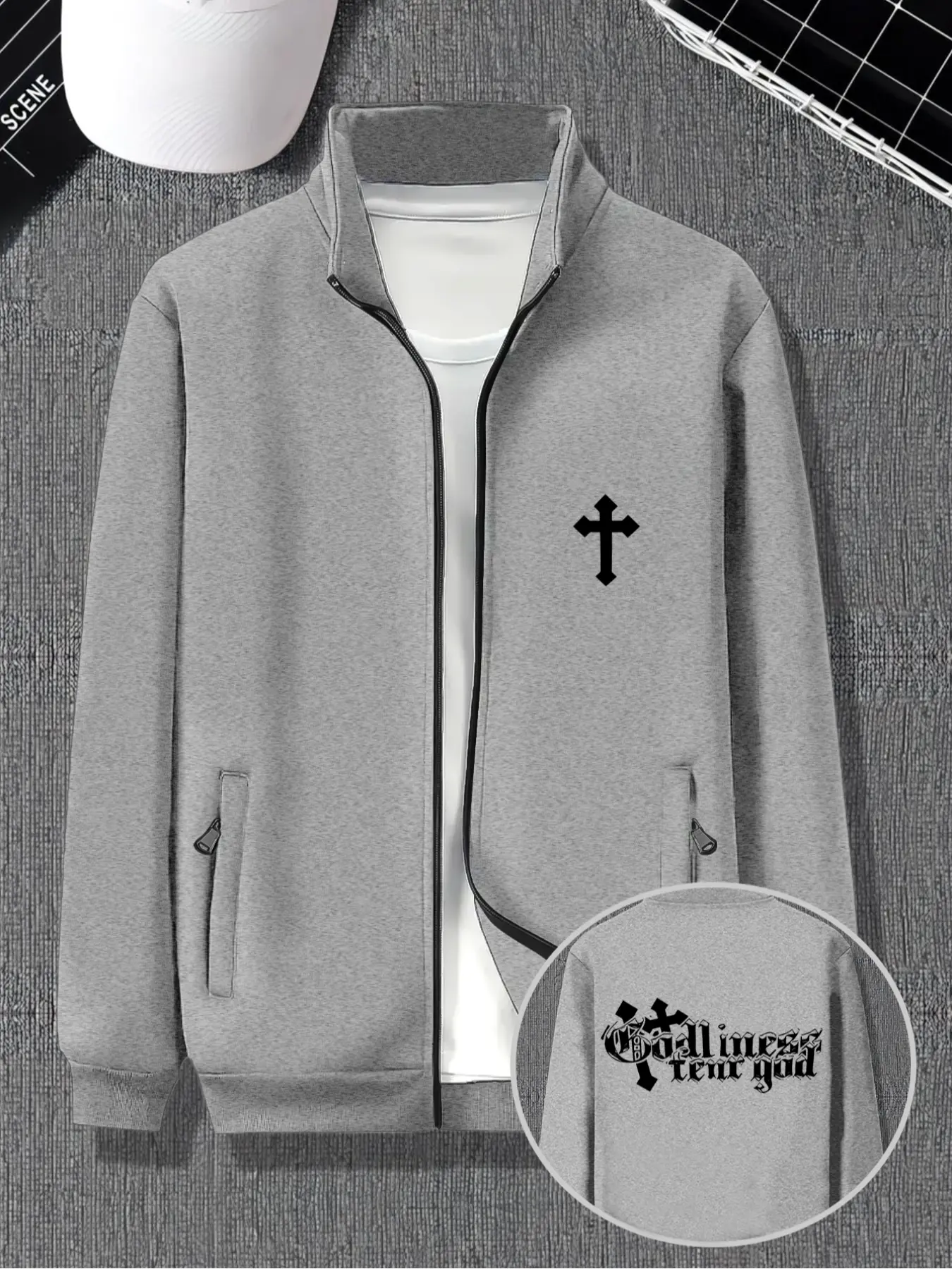 Men's Bomber Jacket, Lightweight Flight Jacket with Cross Pattern and Letter Print, Fall Outdoor Casual Coat, Men's Transition Jacket