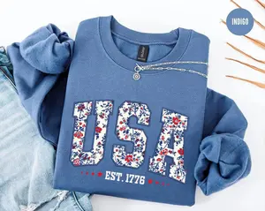 Floral USA Sweatshirt, American Girl Sweatshirt, USA Est 1776 Sweatshirt, Girly 4th of July Sweatshirt, Patriotic Women Shirt, Flower USA Sweatshirt - LORA ATCHER