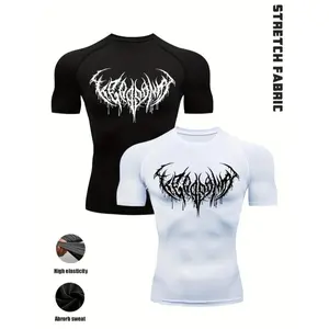 2pcs Men's Gothic Gym T-Shirts - Wing Print, Anti-Slip Seams for Intense Training, Stretch Fabric, Slim Fit, Black & White, Polyester Blend Workout Tops, Gym Tees for Fitness, Bodybuilding & Streetwear