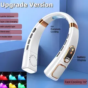 USB Rechargeable Neck Fan with Digital Display, 5-Speed Portable Hands Free Fan, 360° Cooling with Colorful Atmosphere Light