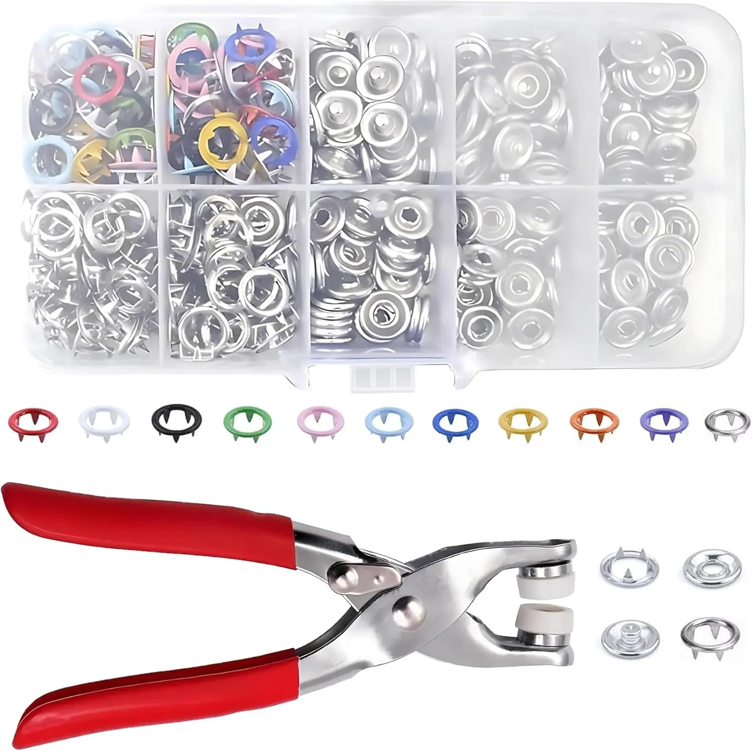 Snaps for Fabric with Tool 100 Sets, Heavy-Duty Metal Snap Fastener Kit, Metal Press Stud Set, Snap Fasteners Kit, Crafts Metal Snap Button Kit, Claw snap fastener set, Multicolor 9.5mm snap buttons & Installation Pliers