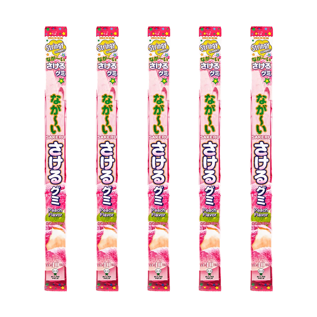 UHA Long Sakeru  Jelly Gummy Candy W Peach ,1.16 oz*5【Value Pack】