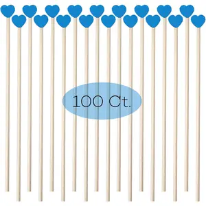 100 Pcs 6 Inch Blue Heart Shaped Wooden Swizzle Sticks, Cake Pop Sticks, Cocktail & Coffee Drink Stirrers, Rock Candy Sticks, Lollipop Sticks for Baby Shower, Gender Reveal, Birthday & Wedding Party