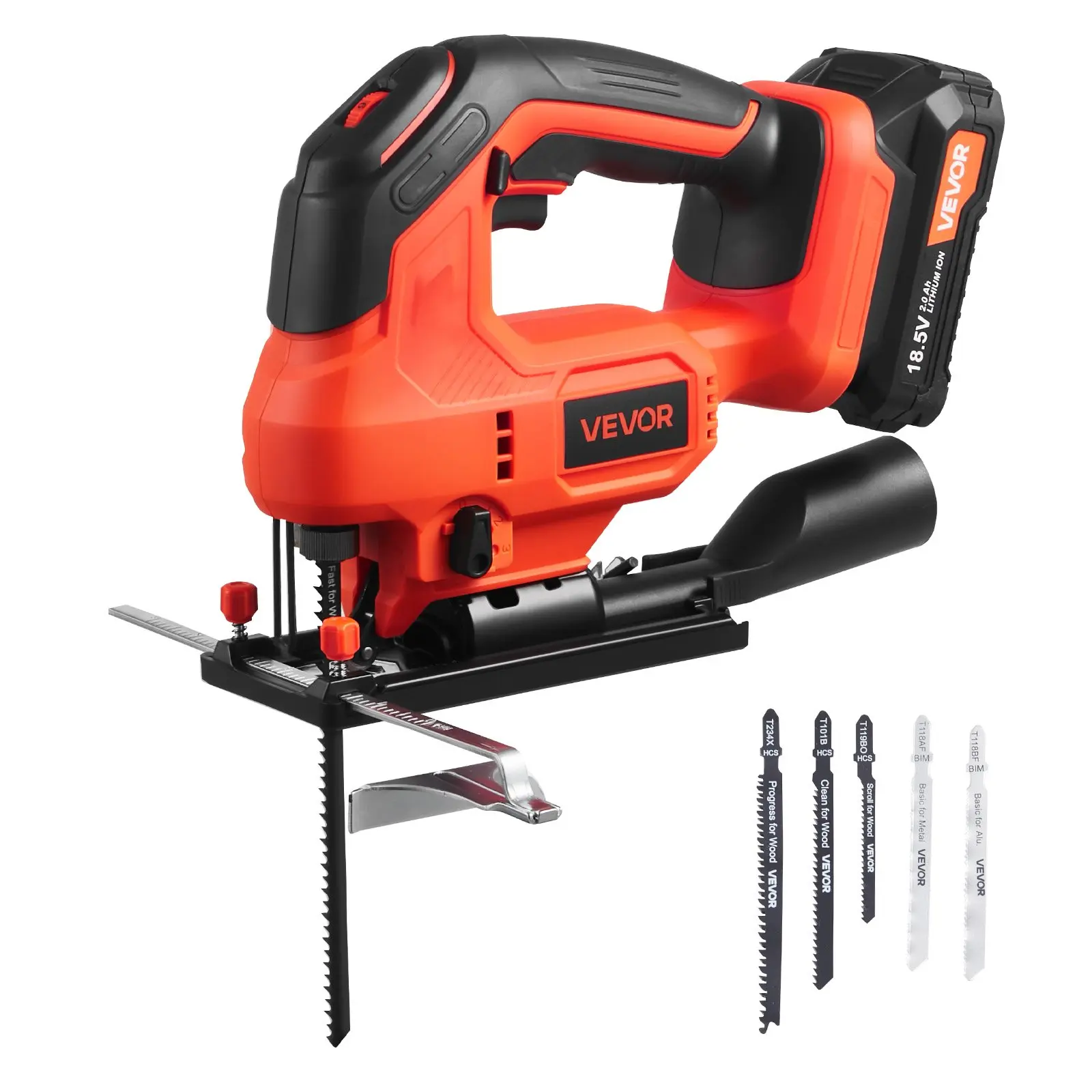 VEVOR 20V Cordless Jig Saw with Batteries & Charger, 3000 SPM Blade Speed, 6 Variable Speeds, 4 Orbital Settings, 0-45° Bevel Cuts, LED Light, 6 Blades, Aluminum+PA6 Build, 3/4 Inch Capacity for Wood&Metal Cutting, Curved&Circular Cuts