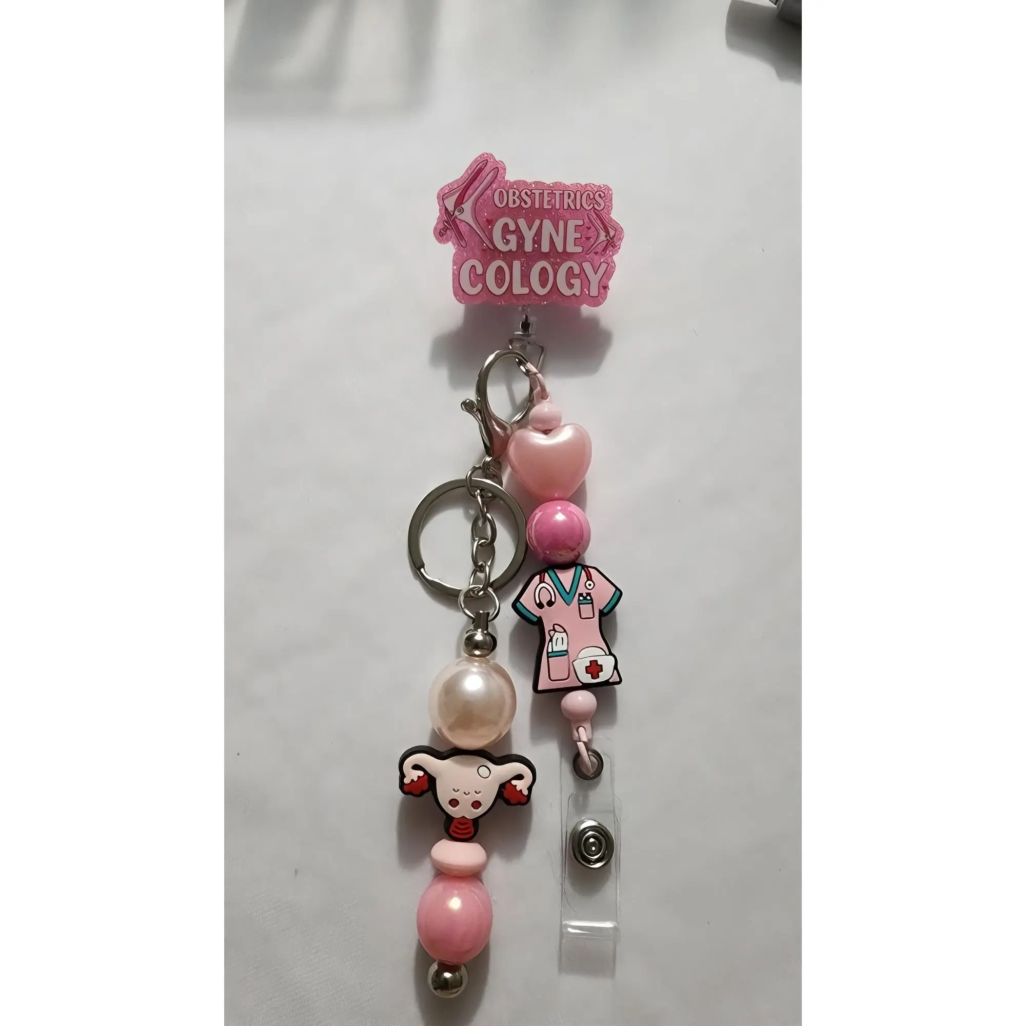 GYN Badge Reel Pink Medical Keychain with Pearl Beads and Obstetrics Gynecology Charm