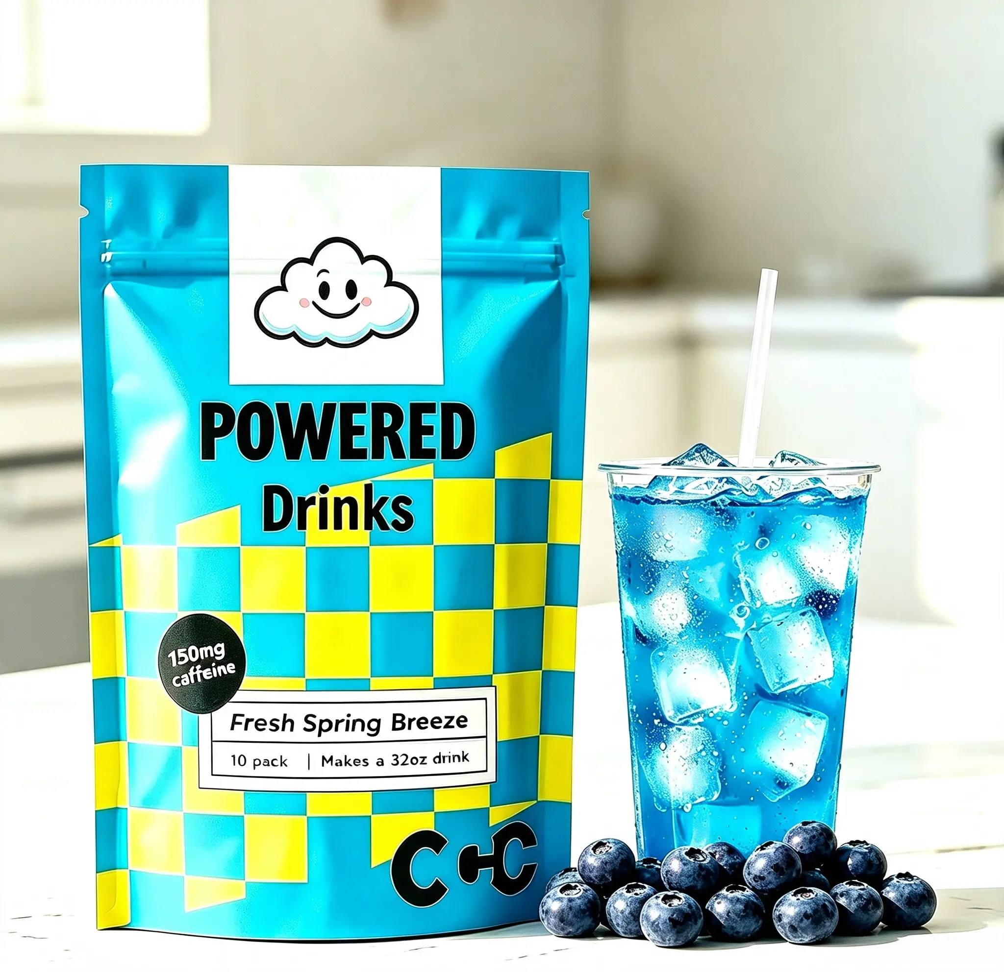 Blueberry Flavor Loaded Hydration Drink Powder Mix - 10 Sachets, 24oz, Natural Caffeine, Easy-to-Mix, Summer Use