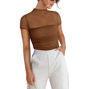 Women's Sexy Mock Turtle Neck Short Sleeve Shirts Sheer Mesh Ruched Trendy Going Out Bodysuits TopsGift