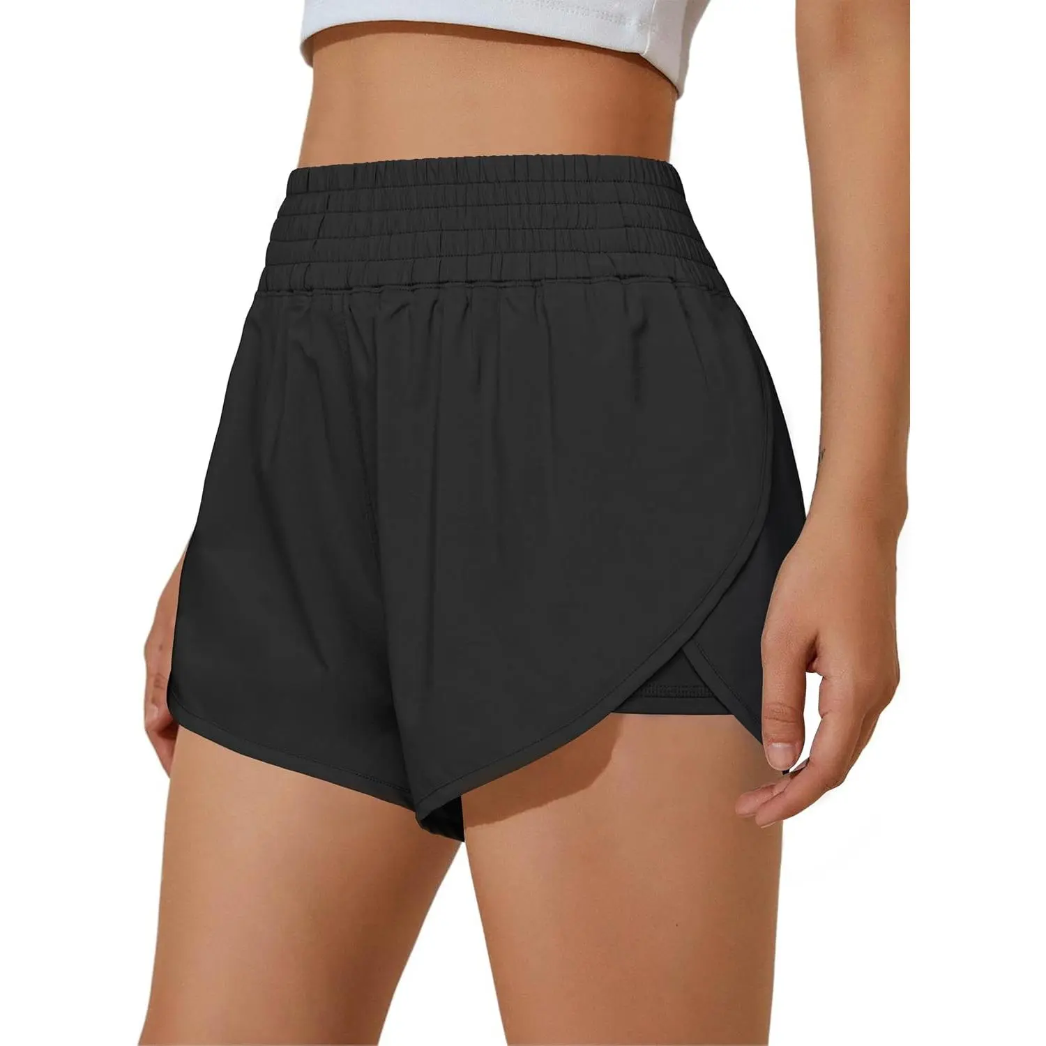 Womens Running Shorts High Waisted Side Pocket Athletic Shorts High Side Slit 2 in 1 Gym Shorts