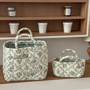French Vine Storage Basket, Portable Outdoor Country Style Pattern Storage Bag, Japanese Fresh Floral Handbag, Vegetable Basket Bag