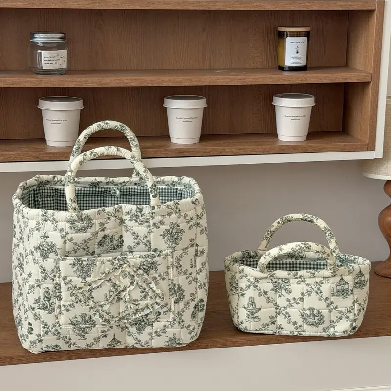 French Vine Storage Basket, Portable Outdoor Country Style Pattern Storage Bag, Japanese Fresh Floral Handbag, Vegetable Basket Bag