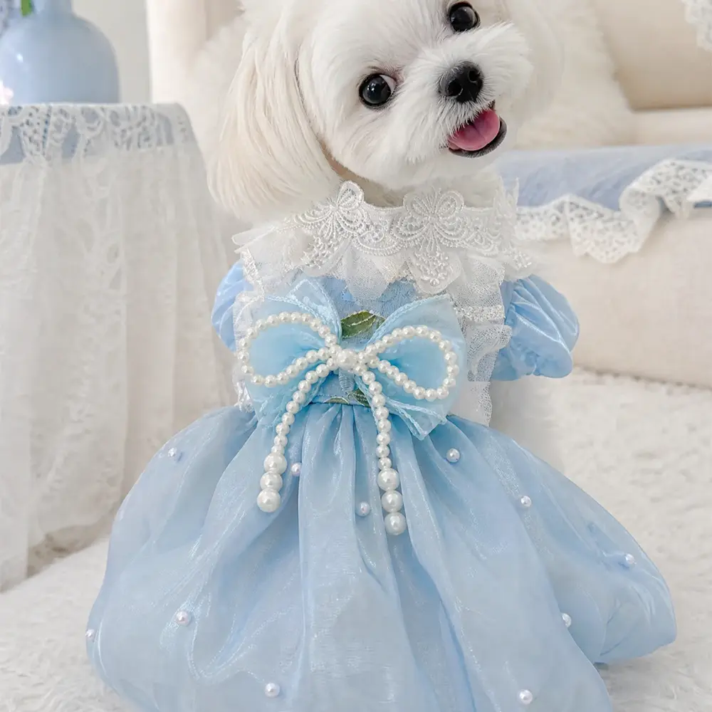 [Pangxigua] Dog Princess 1-Piece Tutu Dress - Light Blue Shimmer Organza Fabric, Pearl-Accented Bow, White Lace Ruffle Collar, Breathable Fit, Small/Medium Sizes, Fairy Charm Wedding Wear