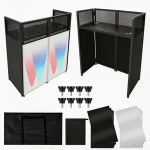 Portable DJ Facade Booth, Foldable DJ Table Station With White & Black Lighting Scrim,50"L x48" Hx 25"W DJ Stand Booth,With Adjustable DJ Event Facade Feet for Party, Black Metal Frame (52x 43.2 x 26)