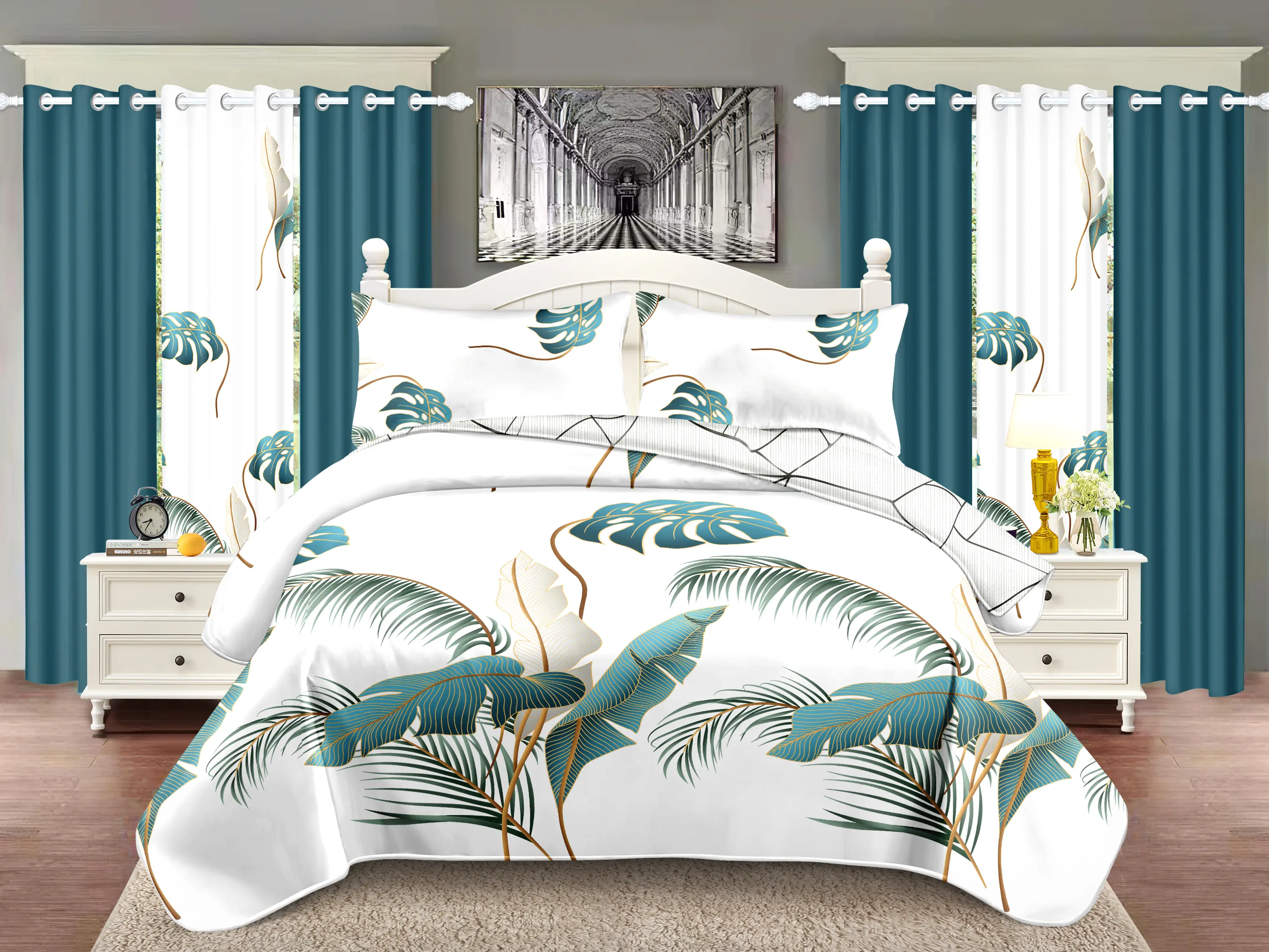 9-Piece Tropical Teal Turtle Leaf Print Bedding Set, Soft Microfiber Bedspread with Pillowcases & Curtains Combo, All-Season White Background Bedroom Decor Kit for Summer Refresh Farmhouse bedroom home decor