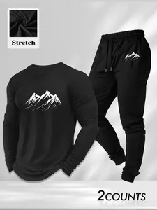 Men's Stretch Tracksuit 2 Piece Set, Mountain Print Long Sleeve Shirt and Joggers, Black Athletic Sweatsuit for Gym, Outdoor Hiking & Casual Wear, Trendy Athleisure Outfit for Men, Flexible Fabric, 2 Counts Complete Set, Athletic Activewear Tracksuits