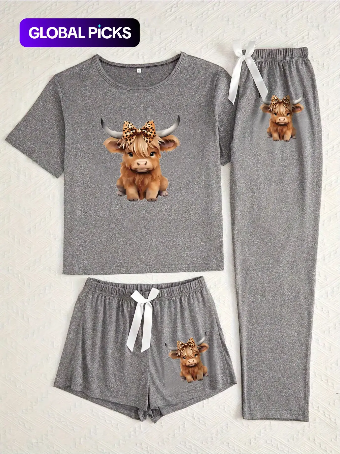 Cartoon Highland Cow Print Women's Pajama Sets, Casual Pajamas Set, Matching Pyjamas, Casual All Seasons Nightwear, Fitted Knitted Fabric Sleepwear & Loungewear