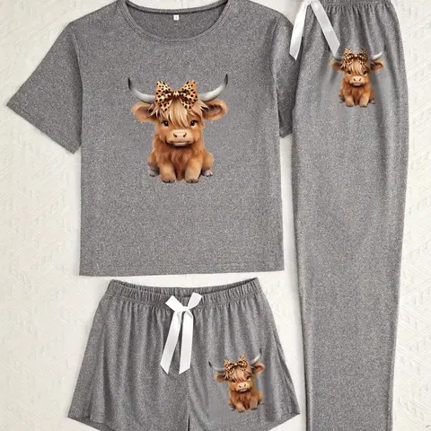 【Black Friday】Cartoon Highland Cow Print Women's Pajama Set, Casual Comfy Matching All-Season Pyjamas, Fitted Knitted Fabric Sleepwear & Loungewear #GLOBAL PICKS