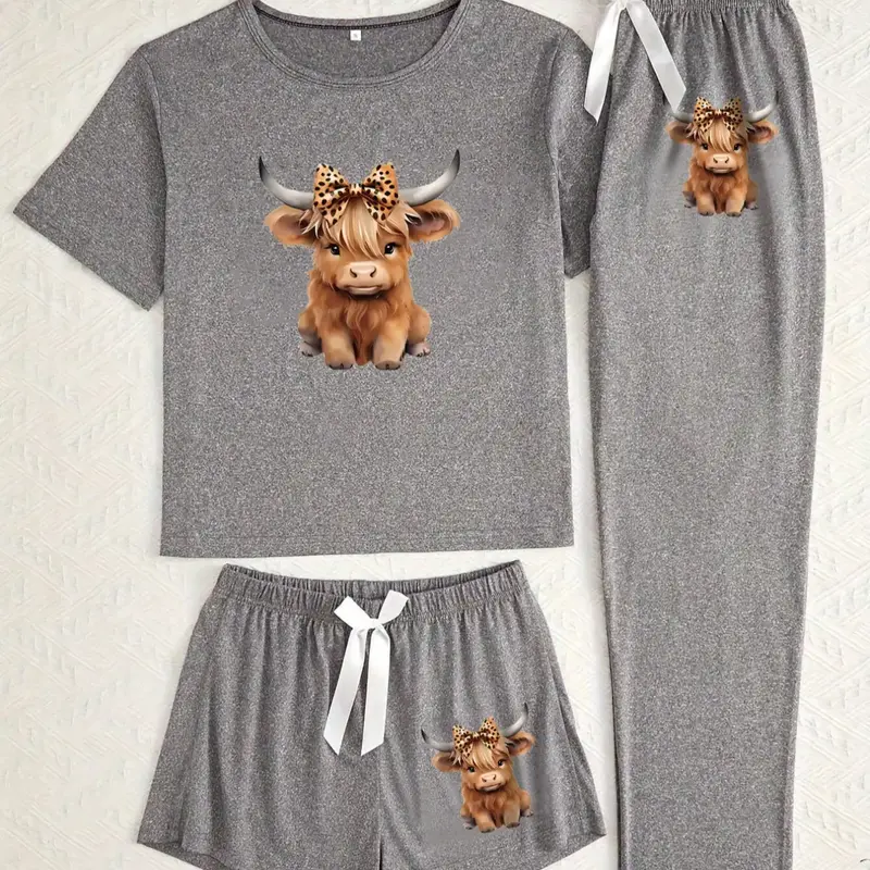 【Black Friday】Cartoon Highland Cow Print Women's Pajama Set, Casual Comfy Matching All-Season Pyjamas, Fitted Knitted Fabric Sleepwear & Loungewear #GLOBAL PICKS