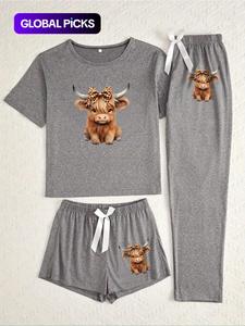 cartoon highland cow print women's pajama sets, casual all seasons nightwear, fitted knitted fabric sleepwear