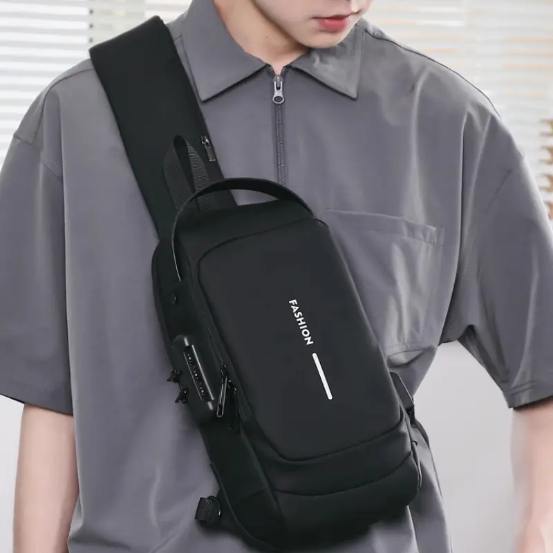 Men's Waterproof Plain Casual Crossbody Shoulder Bag - Anti-Theft Password Lock, Built-in USB Charging, Skull Design Canvas-Leather Fanny Pack for Gym, Travel Use