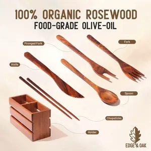 5-Piece Wooden Cutlery Set with Holder – Rosewood Spoon, Fork, Knife, Chopsticks & Pronged Fork | Varnish-Free, Non-Toxic, Eco-Friendly Gift