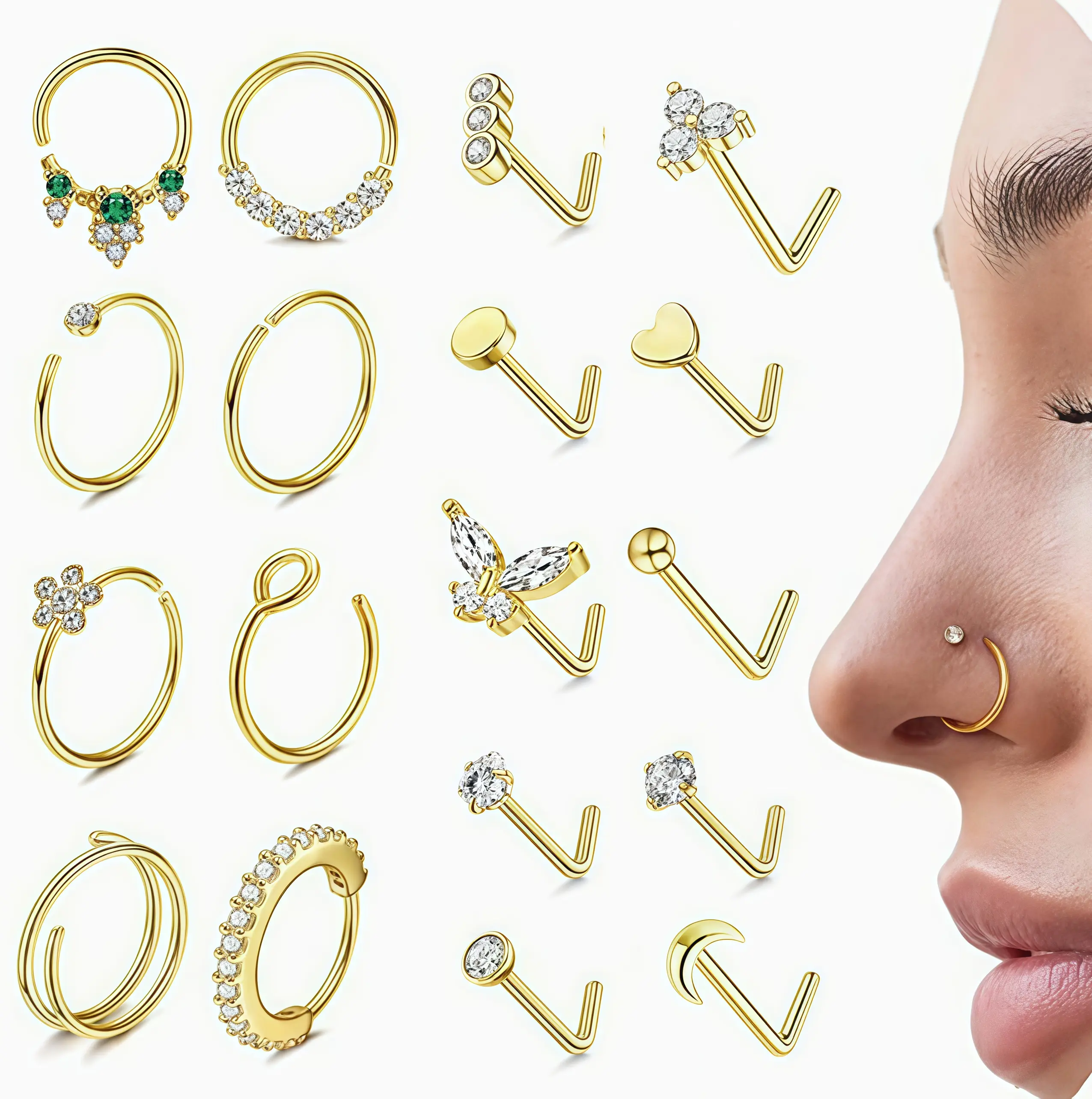 18PCS Stainless Steel Nose Ring & Stud Set, Gold/Silver CZ Crystal Nose Piercing Jewelry, L-Shaped Screw & Hoop Nose Rings for Women, Hypoallergenic Piercing Kit