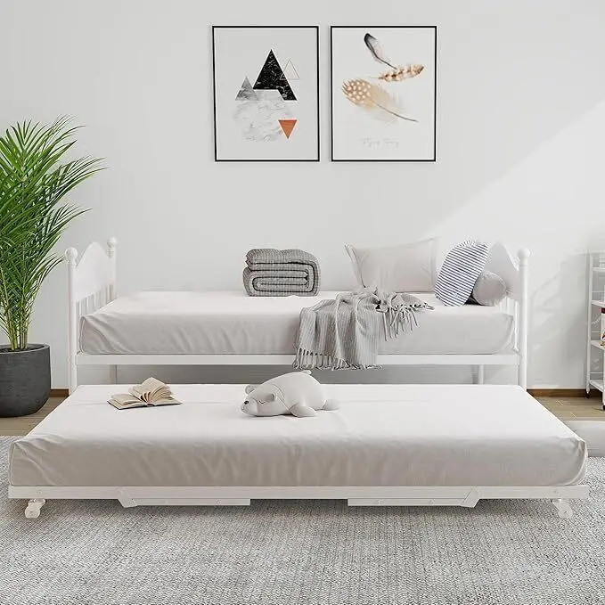 Gaomon Twin Futon Sleeper Sofa Bed - Sturdy Pull-Out Sofa with Foldable Steel Frame Trundle, Stylish Headboard, Storage, Space-Saving for Living Room, Bedroom, White