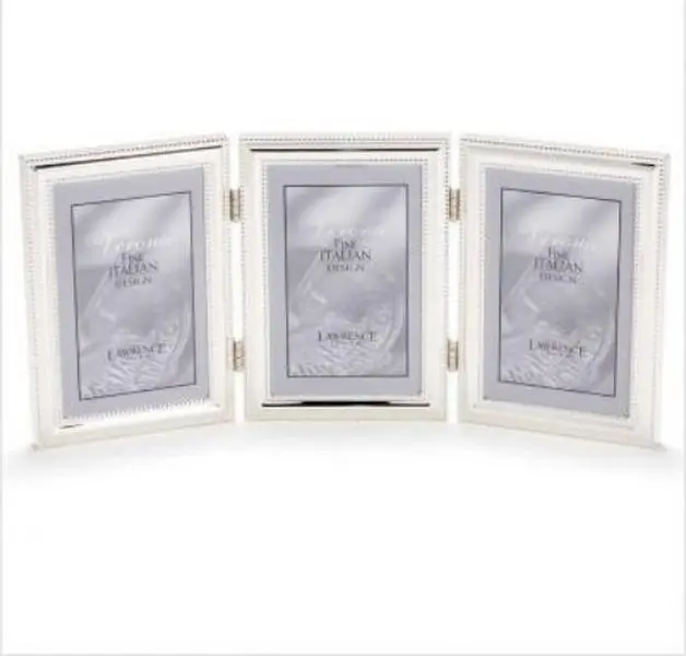 Silver-Plated Vertical Hinged Triple Photo Frame - 5x7 in, Classic Delicate Beading, Multiple Photo Display, Indoor Home Decor for Home Decor Enthusiasts