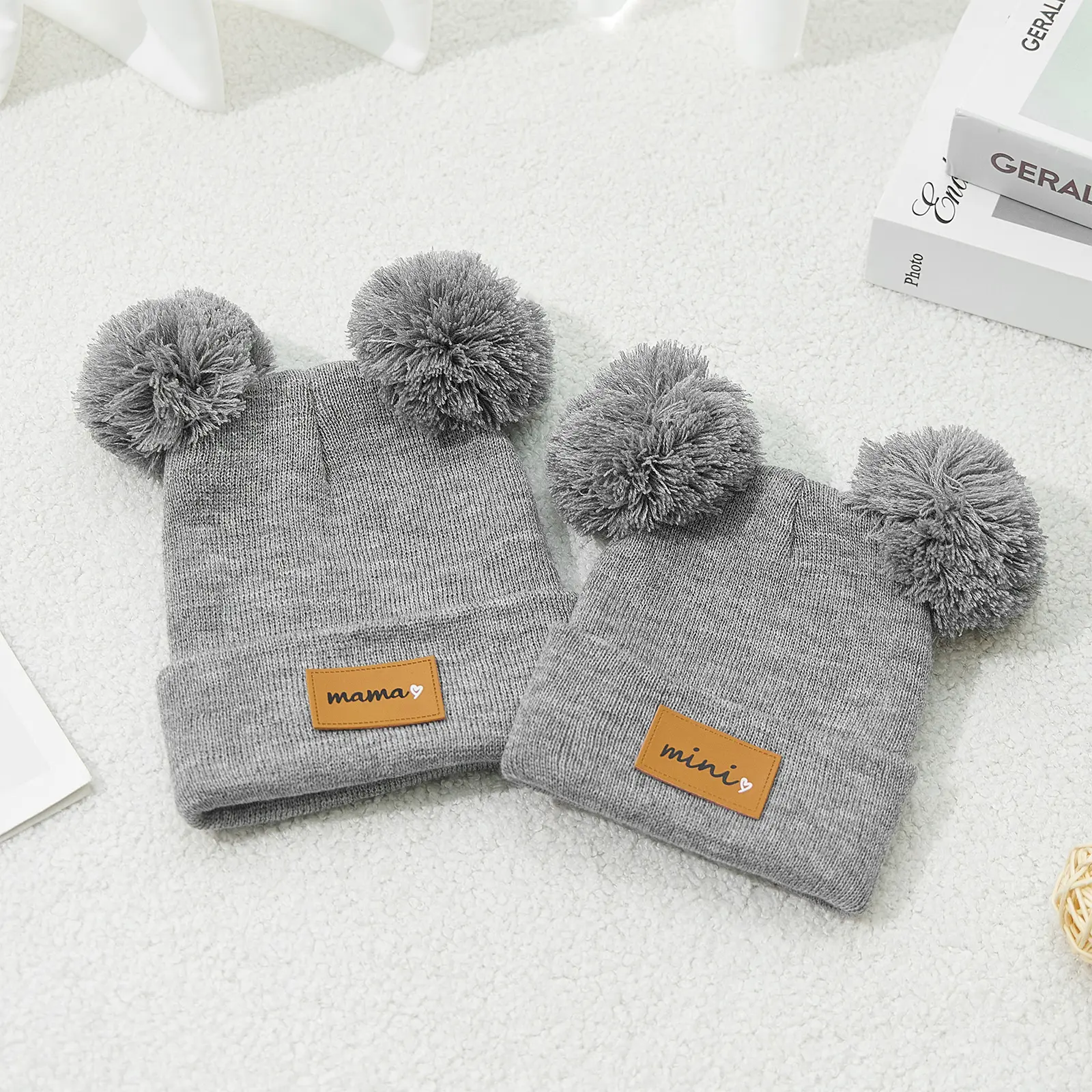 2PCS Family Matching Knit Beanies Set - Gray Double Pom-Pom "Mama & Mini" Winter Hats, Cozy Warm Caps for Family Outings & Daily Use, Soft Knit Hats for Adults & Infants