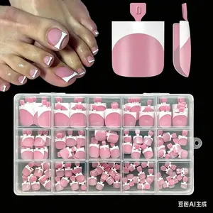 Toe Nail Tips, 150Pcs Short Square French Toenail Full Cover Soft Gel Press On Fake Toe Nails Salon Home DIY 15 Sizes