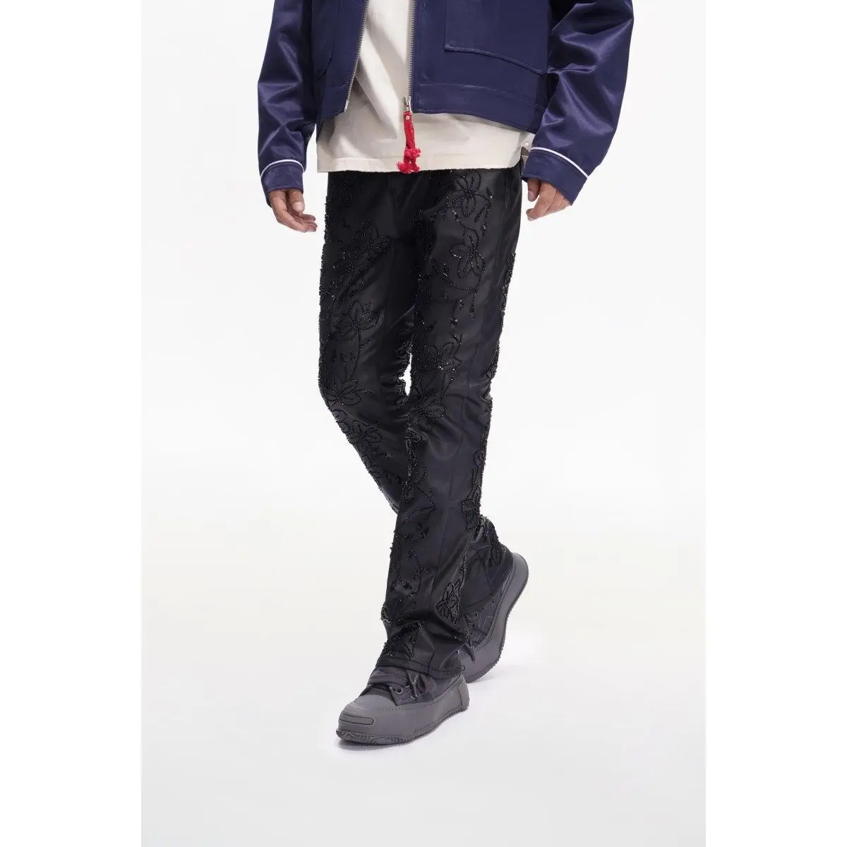 Men's Stacked Skinny Jeans in Glossy Black Waxed Stretch Denim - Streetwear Style with an Extended Inseam, Pants, Stacked Slim, Button, Cold Wash, Evening, Hang Dry, Menswear, Spot Clean, High-Gloss Attitude