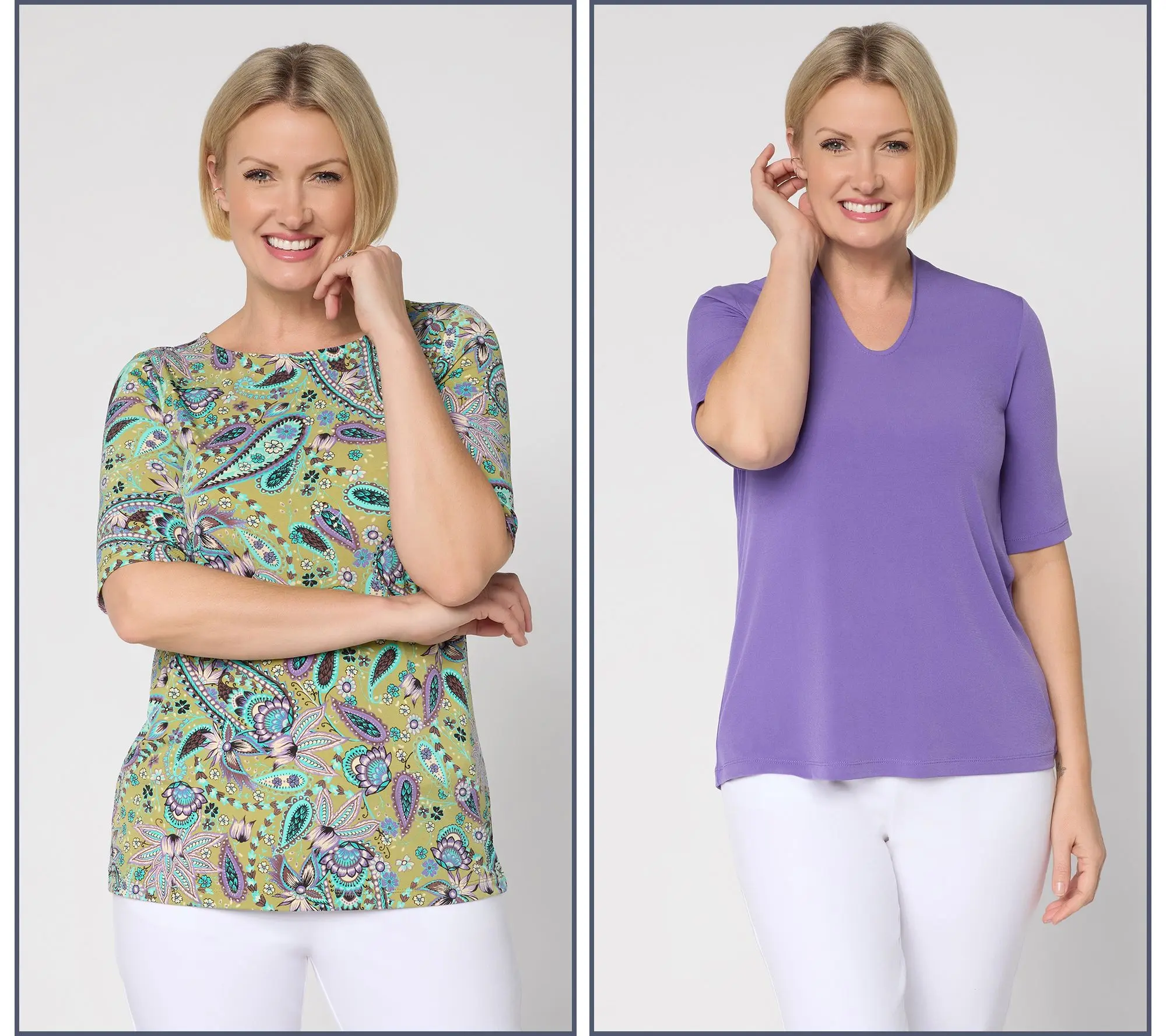 Susan Graver Petite Set of 2 Print & Solid Liquid Knit Tops