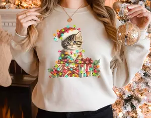 Christmas Cat Sweatshirt, Kitten Christmas Shirt, Cat Christmas Lights Christmas Sweater, Cat Lover Xmas Gift for Her Women, Cat Mom Sweatshirt, Matching Christmas Pajamas Sweaters