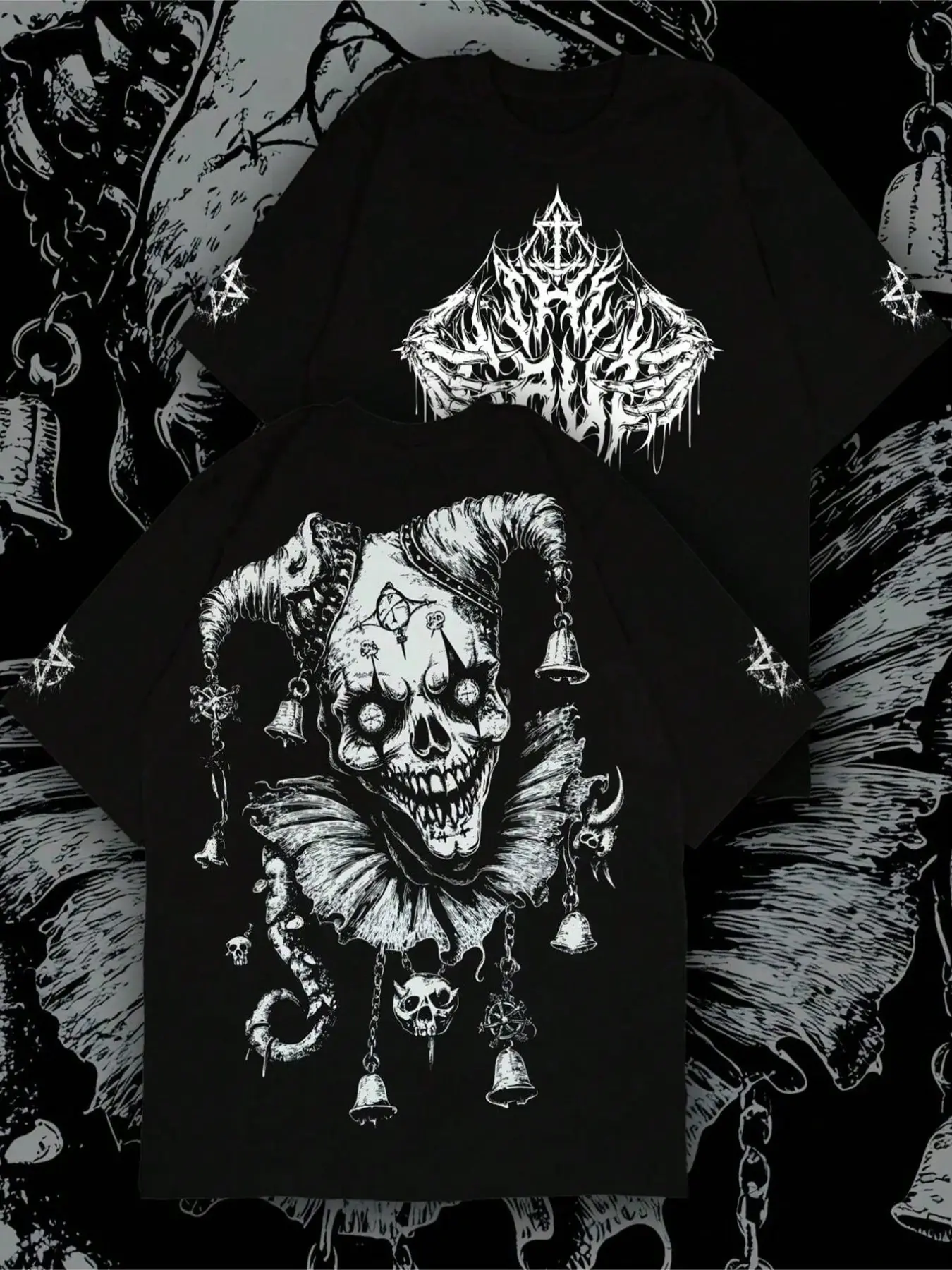 Unisex, Dark urban Streetwear clothing, Menswear, short-sleeved 100% cotton Fitted T-shirt, horror clown skeleton, Skull, death metal Geometric Graphic print, perfect for dark, gothic, Halloween, Aesthetic styles, Y2K, rebellious, fashion, individualit