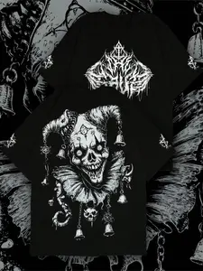 Unisex. Dark urban streetwear short-sleeved T-shirt, horror clown skeleton and death metal print T-shirt, featuring cotton-blend comfortable fabric. Ideal for those who enjoy dark, gothic styles for everyday wear. Super cool T-shirt, Y2K dark, rebellious,