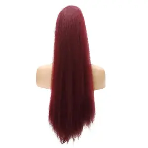 Long Kinky Straight Drawstring Ponytail for Black Women, Burgundy Yaki Curly Hair 26 Inch Ponytail Extension