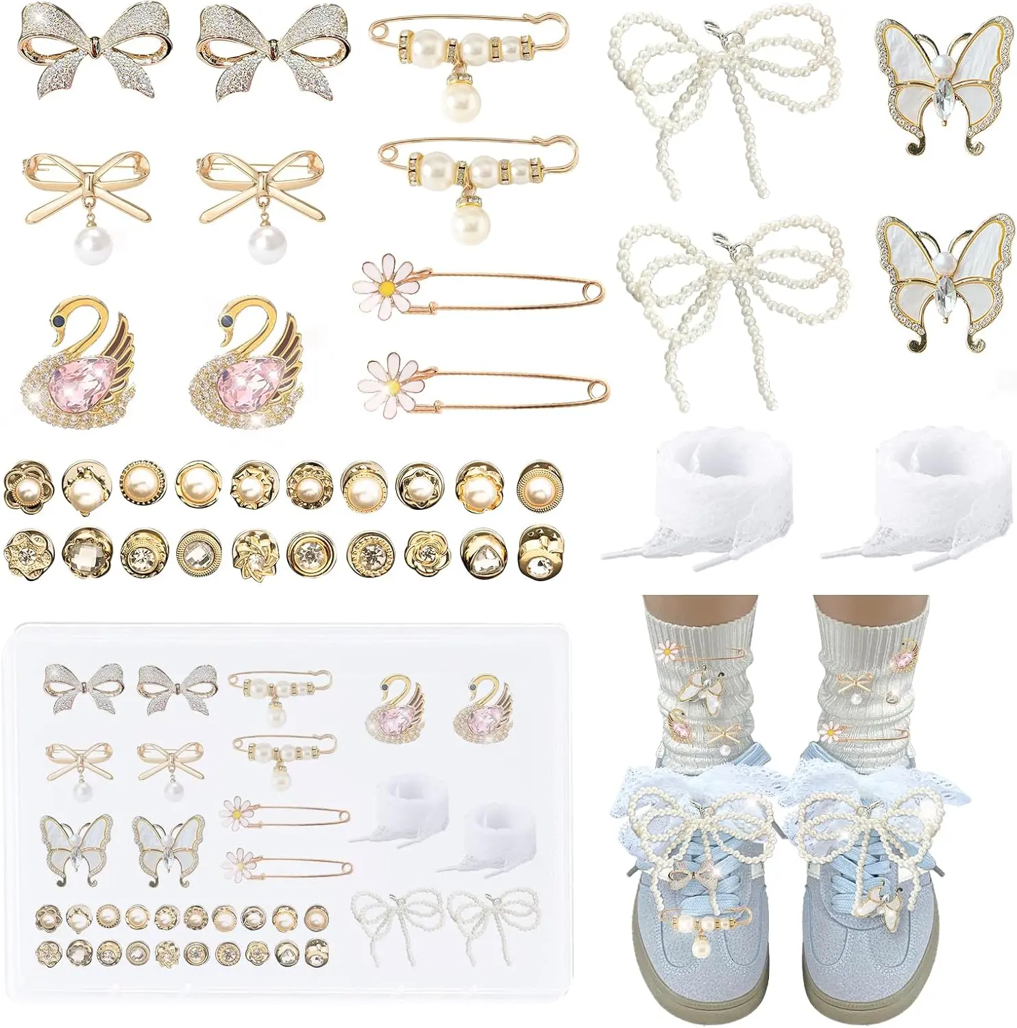 Sock Charms Safety Pin Brooch Set,  and Rhinestone Brooch Pins Buttons, Junk Sock Charms Kit for Women Shoes and DIY Accessories