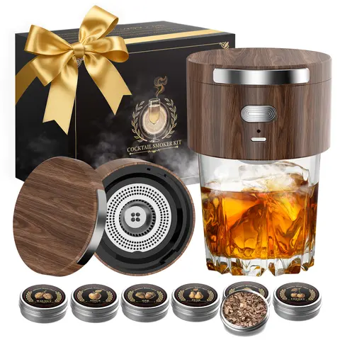 Electric Cocktail Smoker Kit, Rechargeable Whiskey Smoker with Built-in Lighter & 6 Wood Chips - No Butane Required, Ideal Gift for Men, Dad, Husband